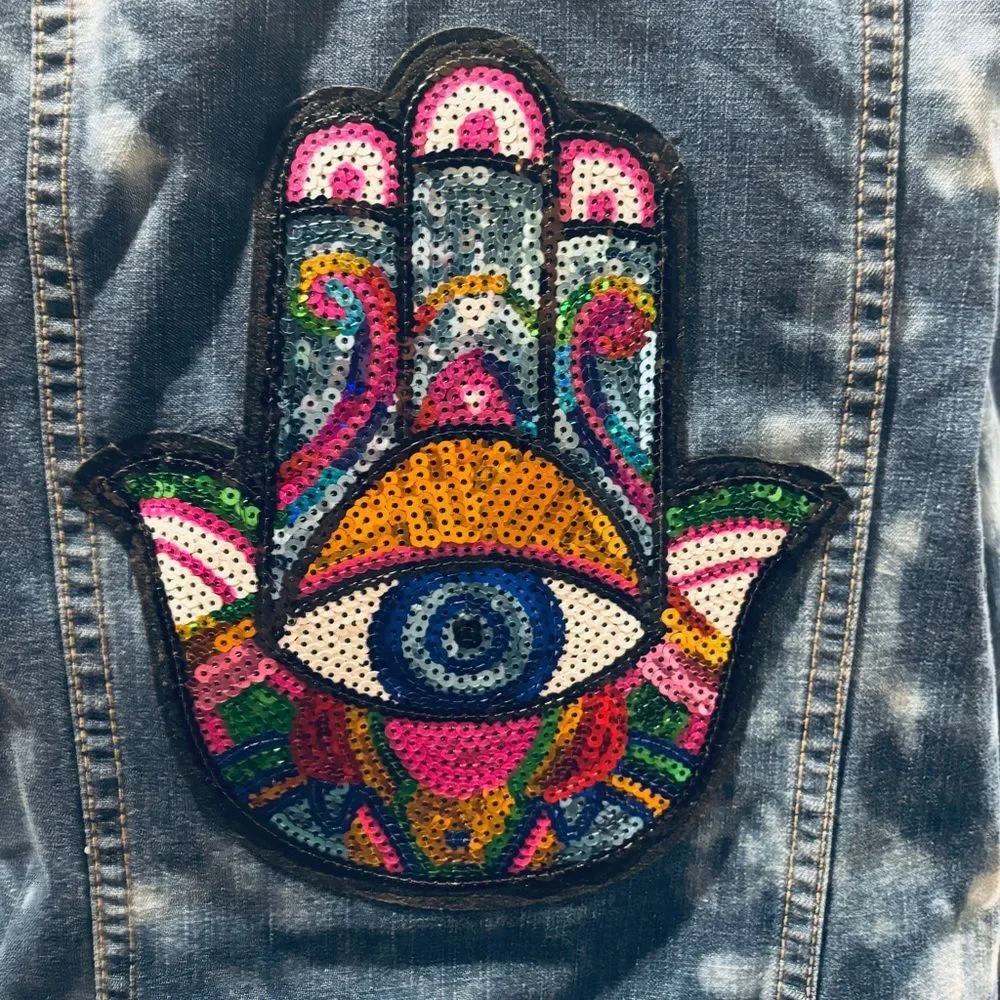 Upcycled reverse dyed Hamosa Hand boho glam Embroidered Jean Jacket L - Picture 3 of 7